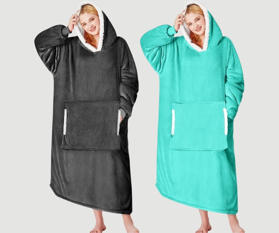 wearable blanket hoodies in gray and teal