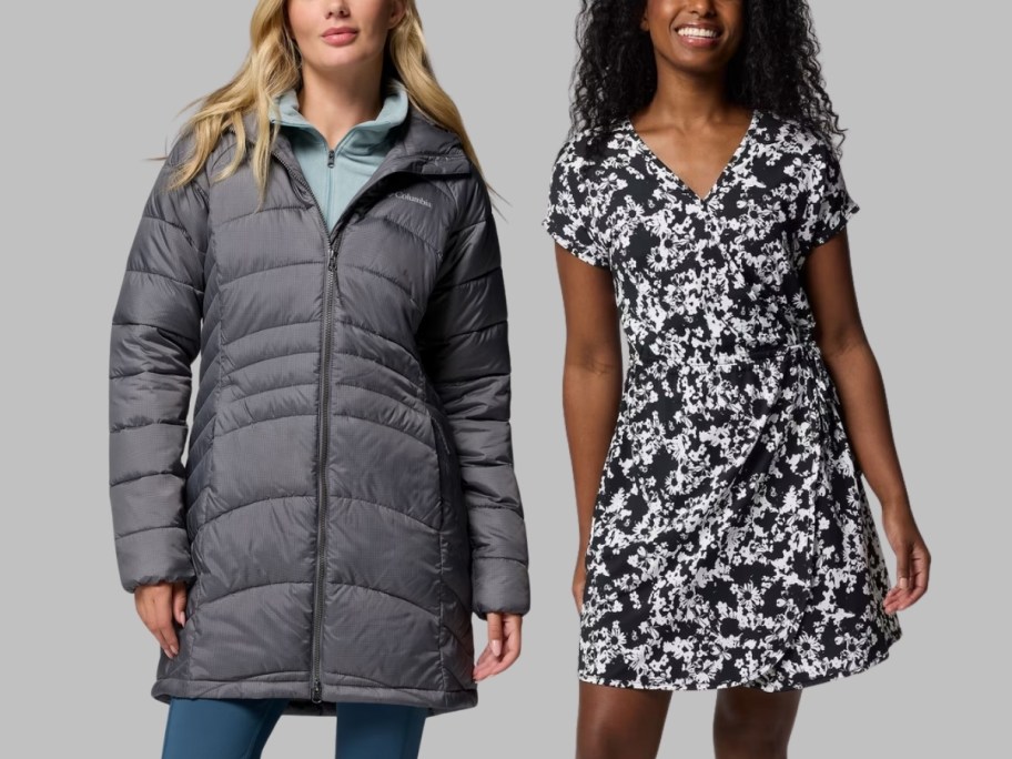 woman in a puffer coat and a woman in a midi dress
