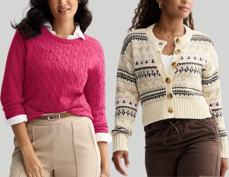 woman in cable knit sweater with woman in far isle cardigan