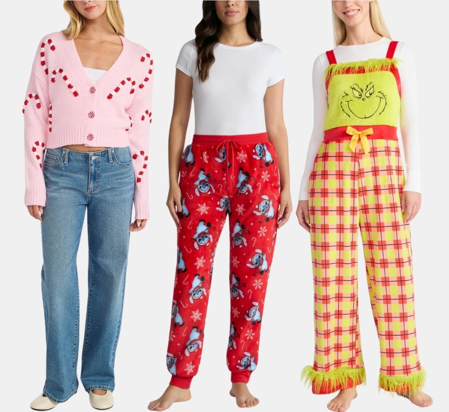 a woman in a sweater, joggers, and overalls