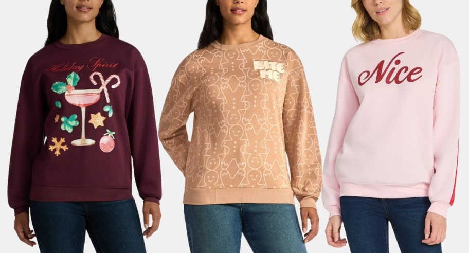 3 womens in christmas sweatshirts in different designs