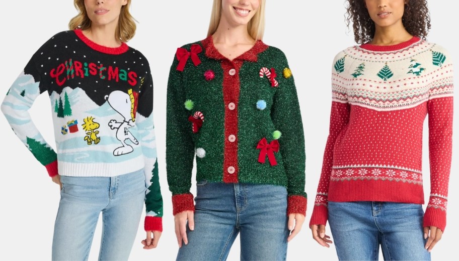 3 womens in christmas sweaters in different designs