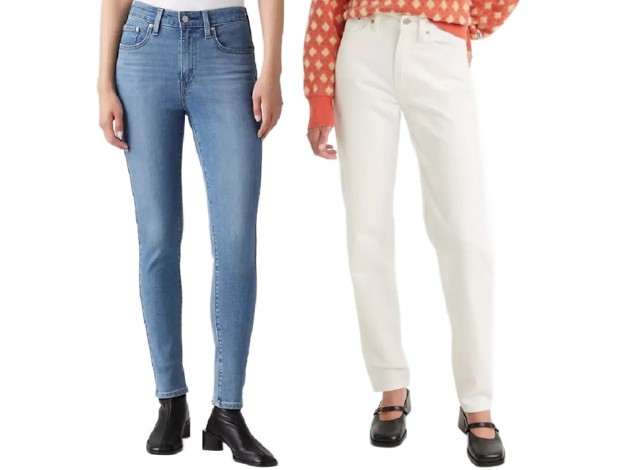 Two women wearing different styles of Levi jeans.