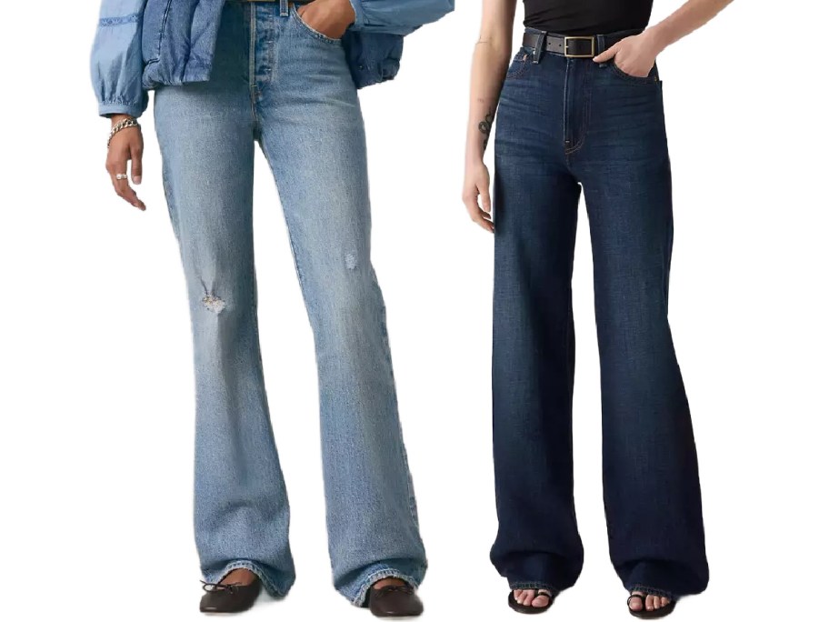 Two women wearing different styles of Levi jeans.
