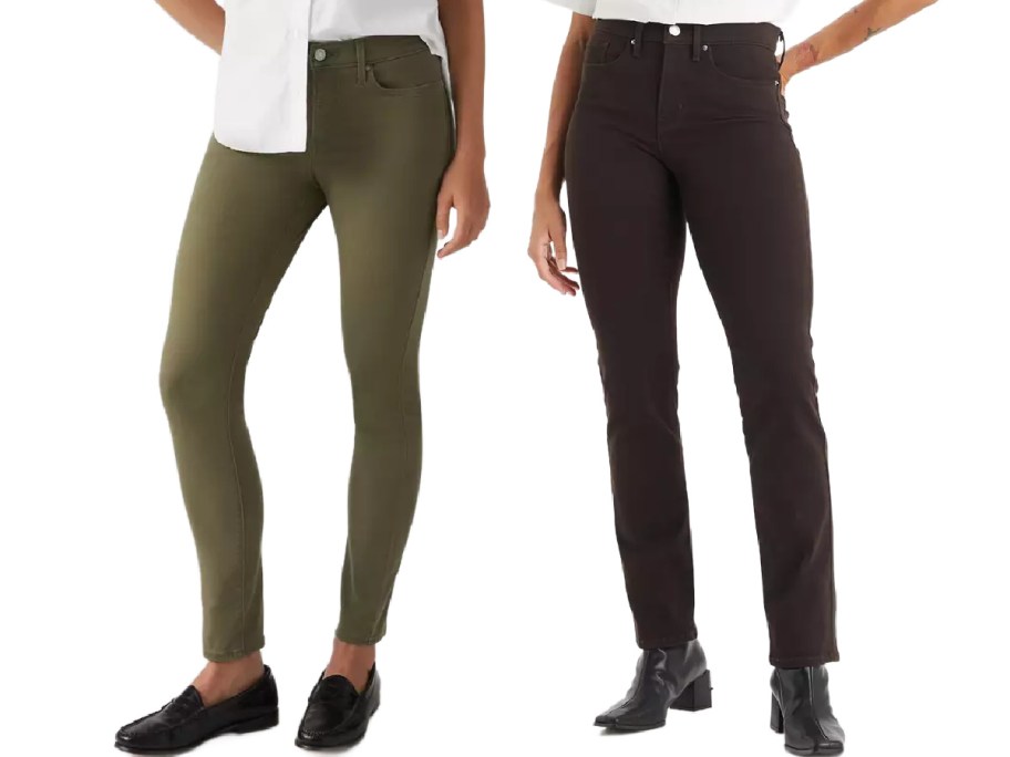Two women wearing different styles of Levi jeans.