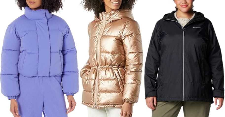 3 women wearing various styles and colors of outerwear