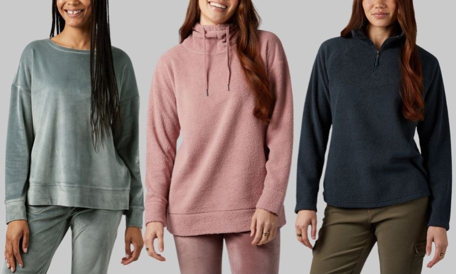3 women in pullover sweatshirts in various styles