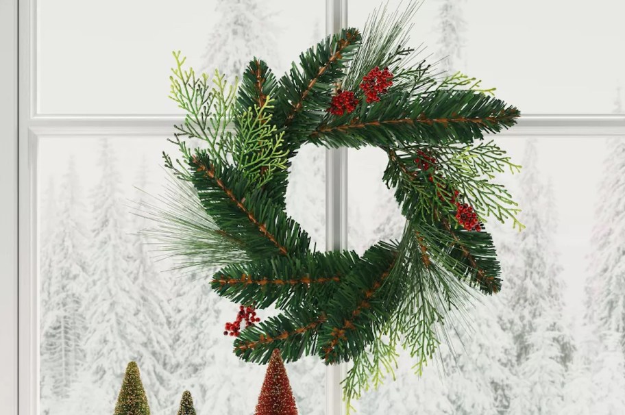 holiday mini wreath on window