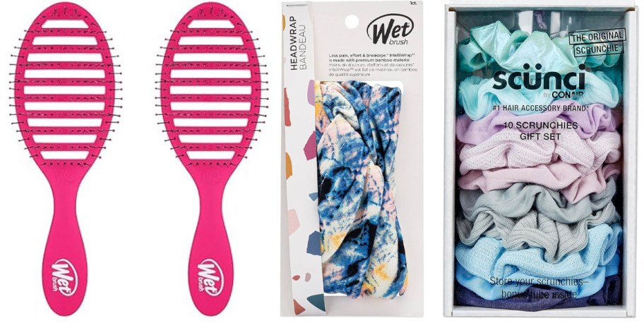 two pink wet brushes, headband, and scrunchi gift set 