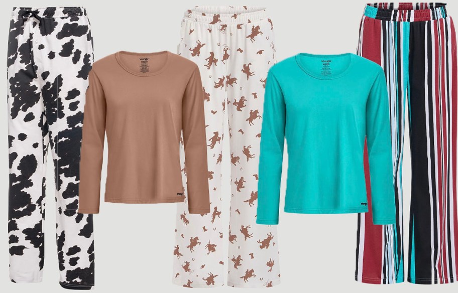 cow print, horses and striped pajama pants with brown and blue tops 