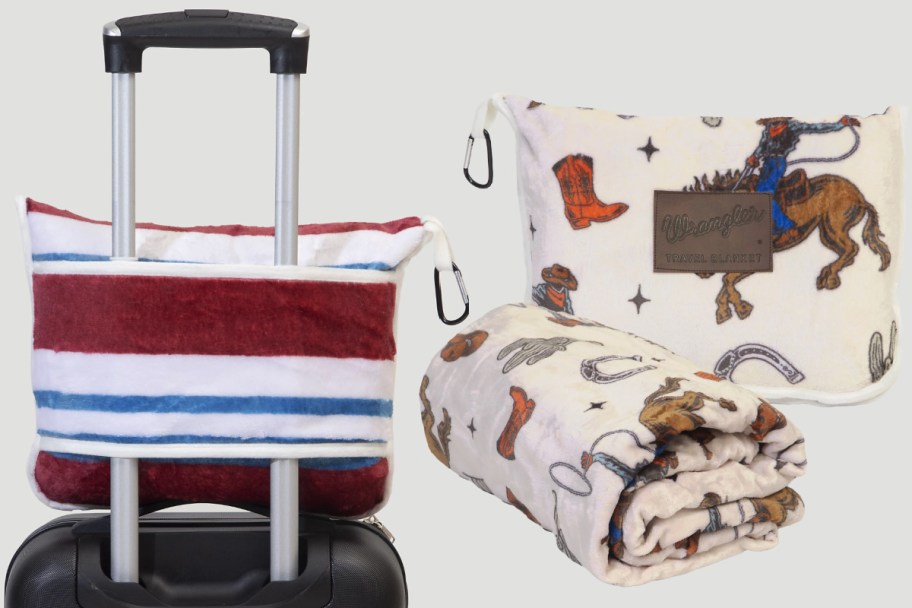 travel blanket on back of luggage and in pouch