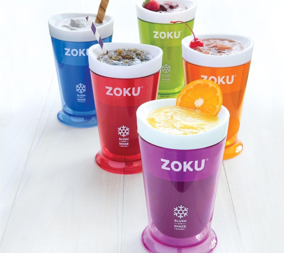 different colored zoku shake maker cups with slushie drinks