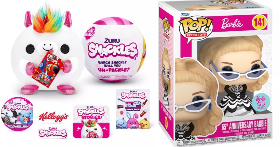 a Zuru Snackles mini plush capsule and a Funko Pop Barbie