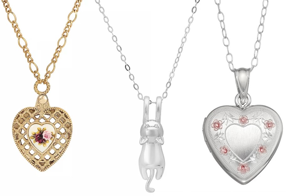 1928 Pink Flower Decal Heart Pendant Necklace, Sterling Silver Cubic Zirconia Dangling Kitty Cat Pendant Necklace, Charming Girl Sterling Silver Flower Heart Locket Necklace