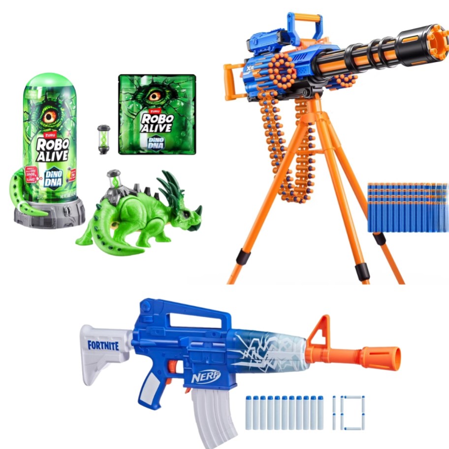 a Robo Alive Toy, a Zuru XShot gun, and Nerf Blaster gun