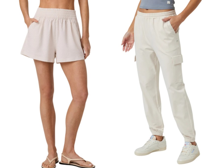 woman wearing tan shorts and woman wearing cream joggers