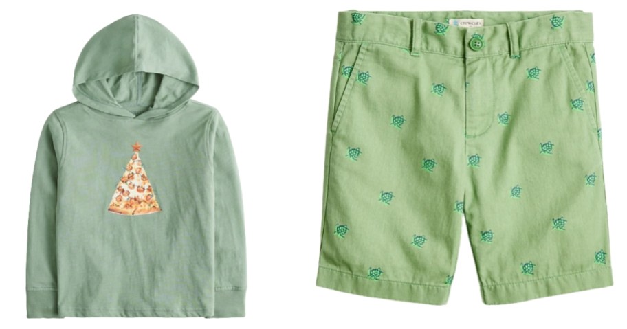 a boys hooded long sleeve shirt and a pair of boys shorts