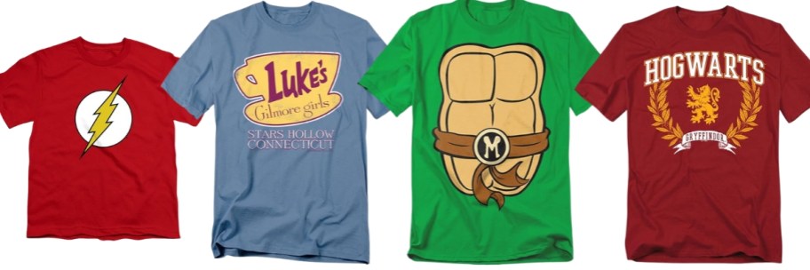 graphic tees for The Flash, Luke's Diner, Ninja Turtles, and Hogwarts