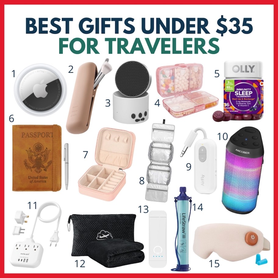 collage of random travel items with title best gifts under 35 for travelers