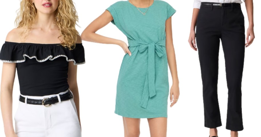 woman wearing a black off shoulder shirt, woman wearing a green dress, woman wearing black pants