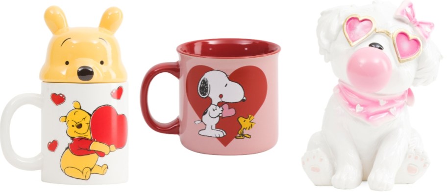 Winnie the Pooh Mug, Snoopy Mug, a dog blowing a bubble figure