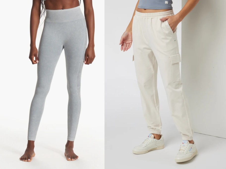 woman in grey leggings and woman in cream cargo joggers