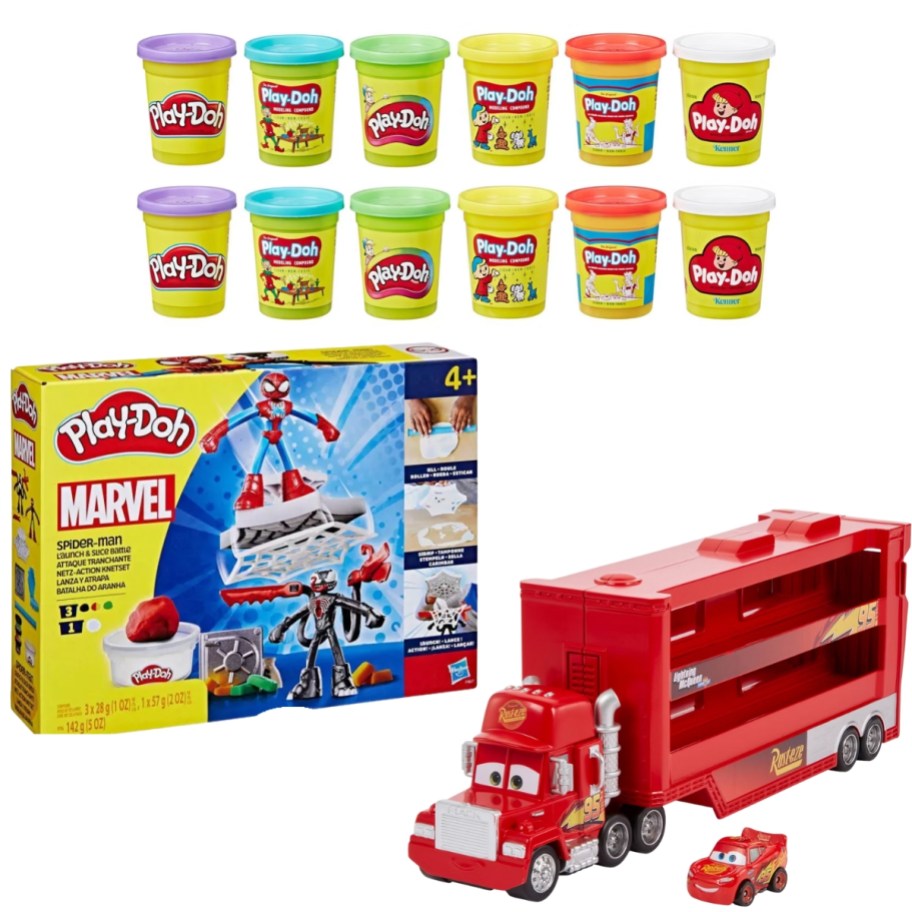 set of 12 Play-Doh cans, a Play-Doh Spiderman set, a Disney Cars truck and car set