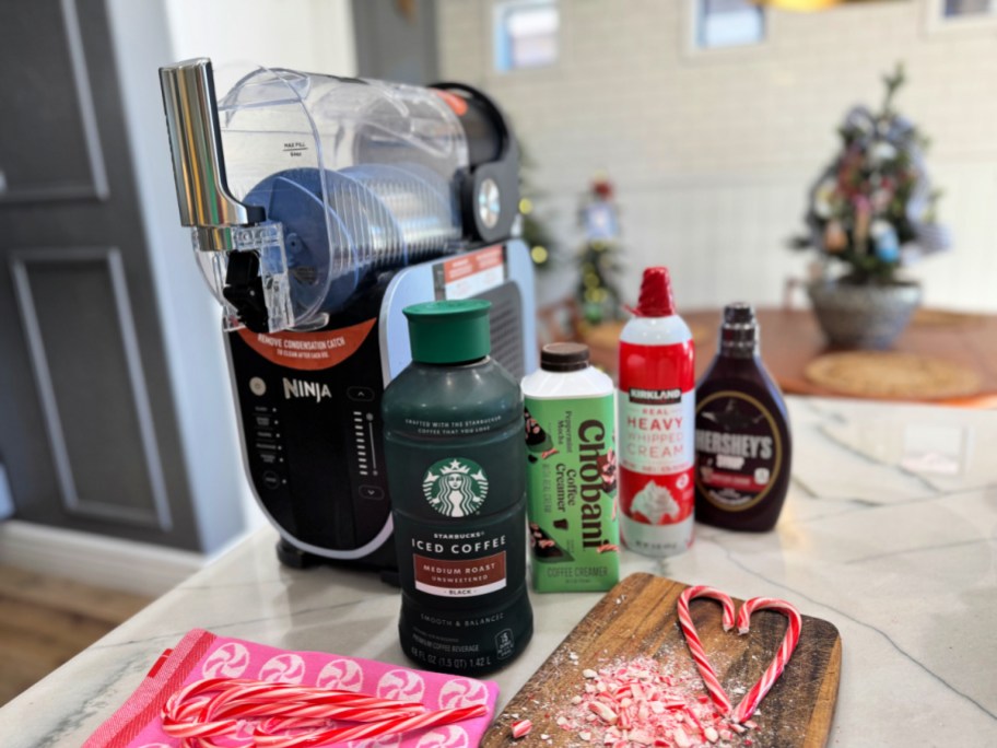 3 ingredients to make peppermint mocha frozen holiday drink in ninja slushie machine