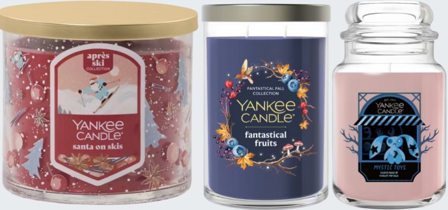 3 YANKEE CANDLE styles in 3 scents- a 3-wick, large jar, and tumbler cadles