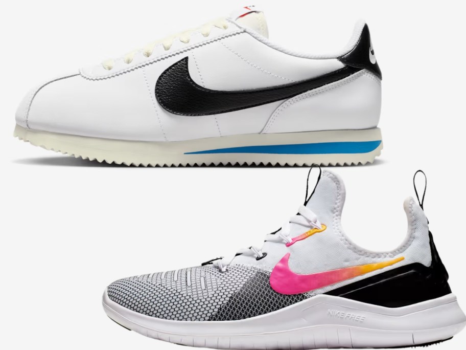 a Nike women's Cortez shoe in white with black and blue, and a Nike women's workout shoe