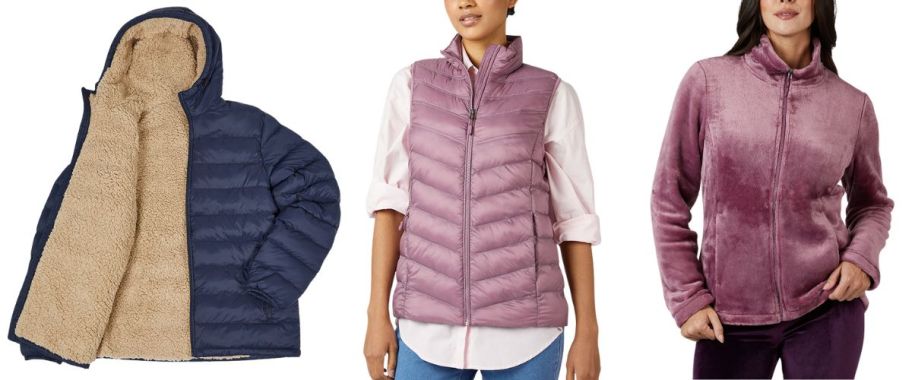 jacket and two women in pink vests and shirts