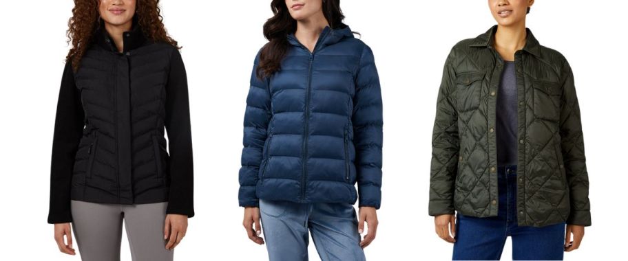 3 women wearing puffer jackets