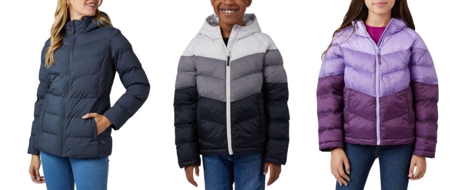 a woman and 2 kids wearing puffer jackets