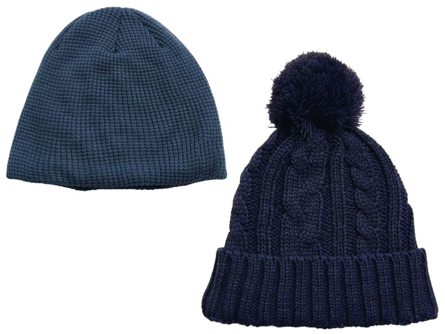 a beanie and a knit hat with a pom pom on it 