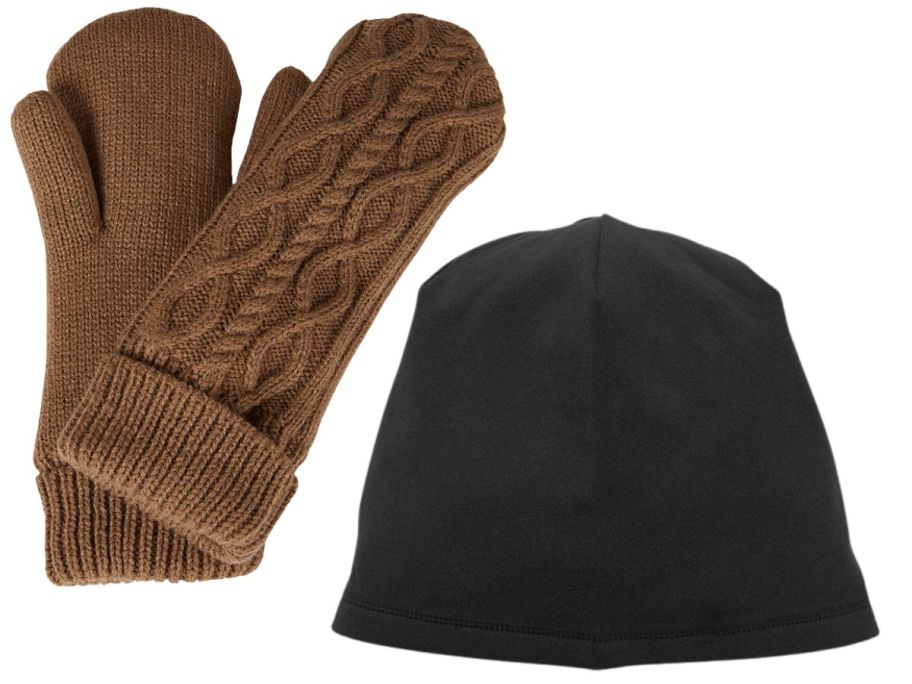A pair of brown mittens and a black beanie