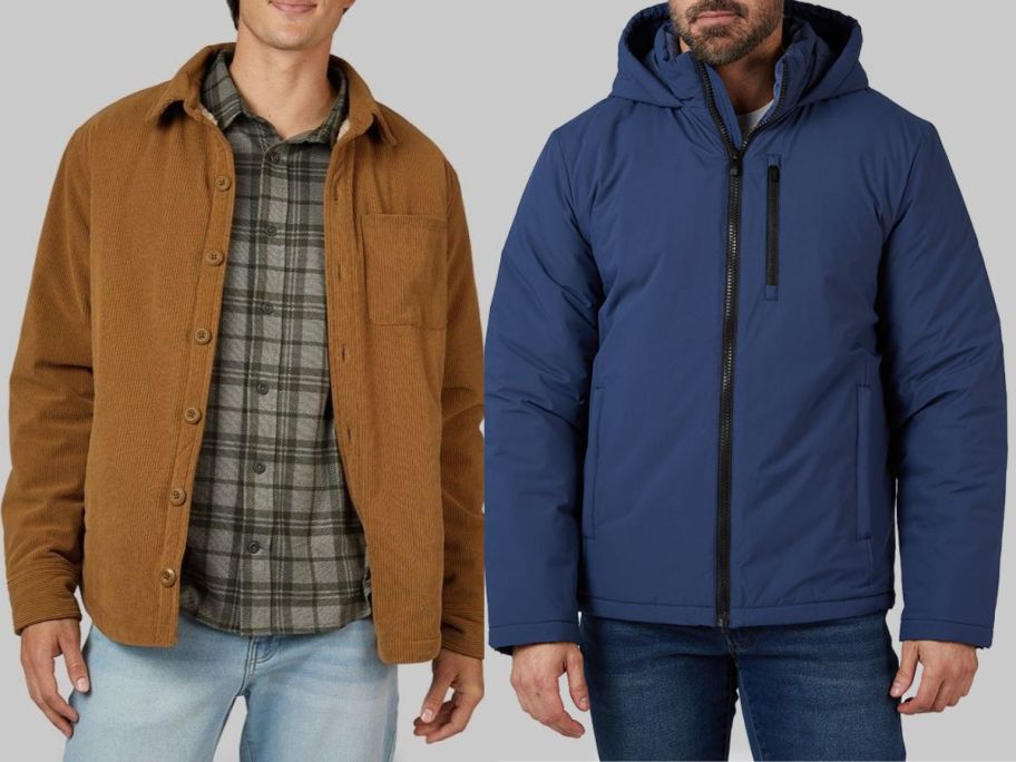 2 men wearing jackets in brown and blue