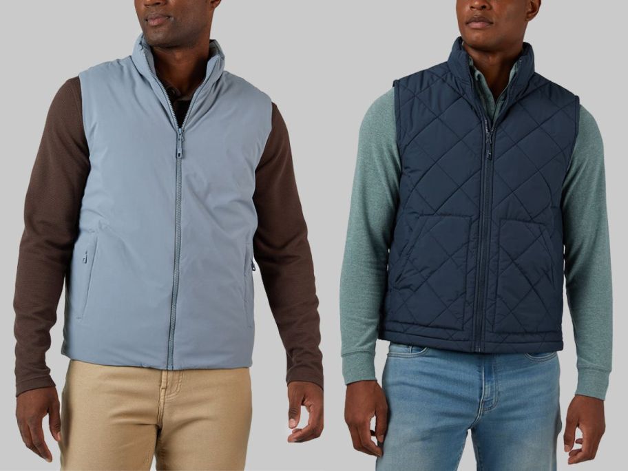 2 men wearing vests in blue