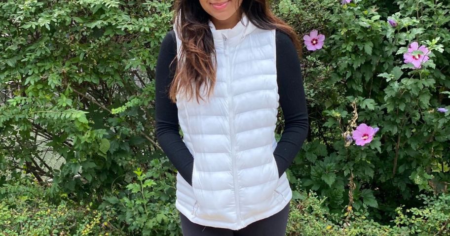 woman wearing a white 32 degrees packable vest