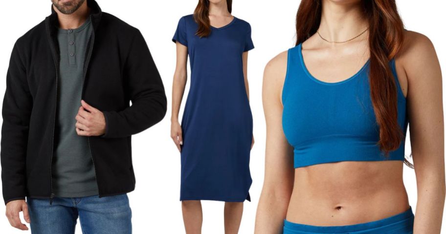 a man wearing a 32 degrees jacket and two women wearing a 32 degrees dress and sports bra