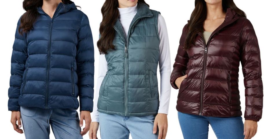 three women wearing 32 degrees jackets and vest