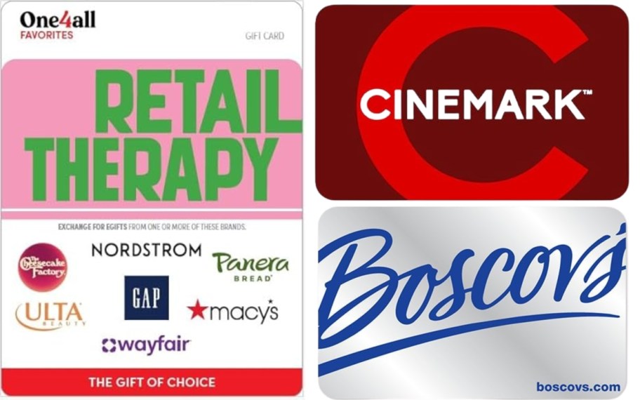 a retial theraphy gift card, a Cinemark gift card, and a Boscov's gift card