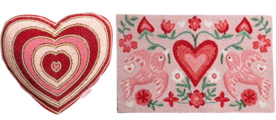 a beaded heart throw pillow and a Valentines' throw rug
