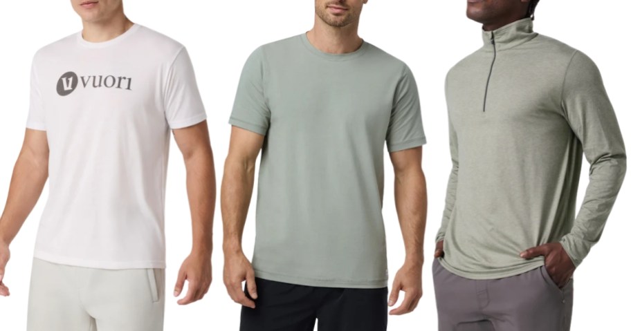 man wearing a Vuori logo tee, man wearing a tee and man wearing a quarter zip pullover