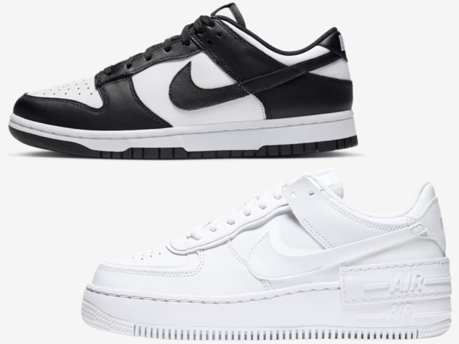 a women's Nike Dunk low shoe and Air Force 1 shoe