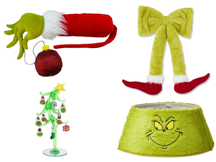 Grinch hand holding ornament, Grinch bow with legs, Grinch decorative mini tree, and Grinch tree skirt