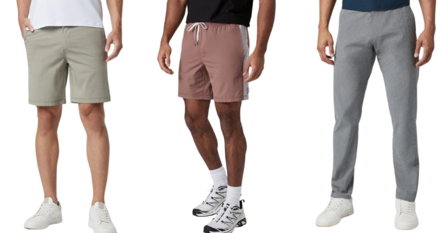 2 men wearing shorts and a man wearing pants