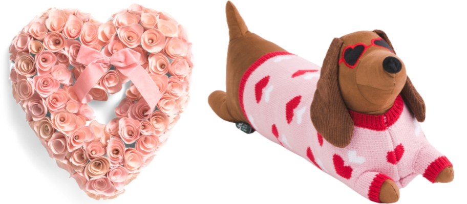 a wood curl wreath and a dog wearing a heart sweater throw pillow