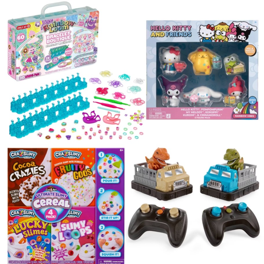a Rainbow Loom set, Hello Kity figure set, Slime Cereal, and Robot Dinosaur Bumper Cars Set