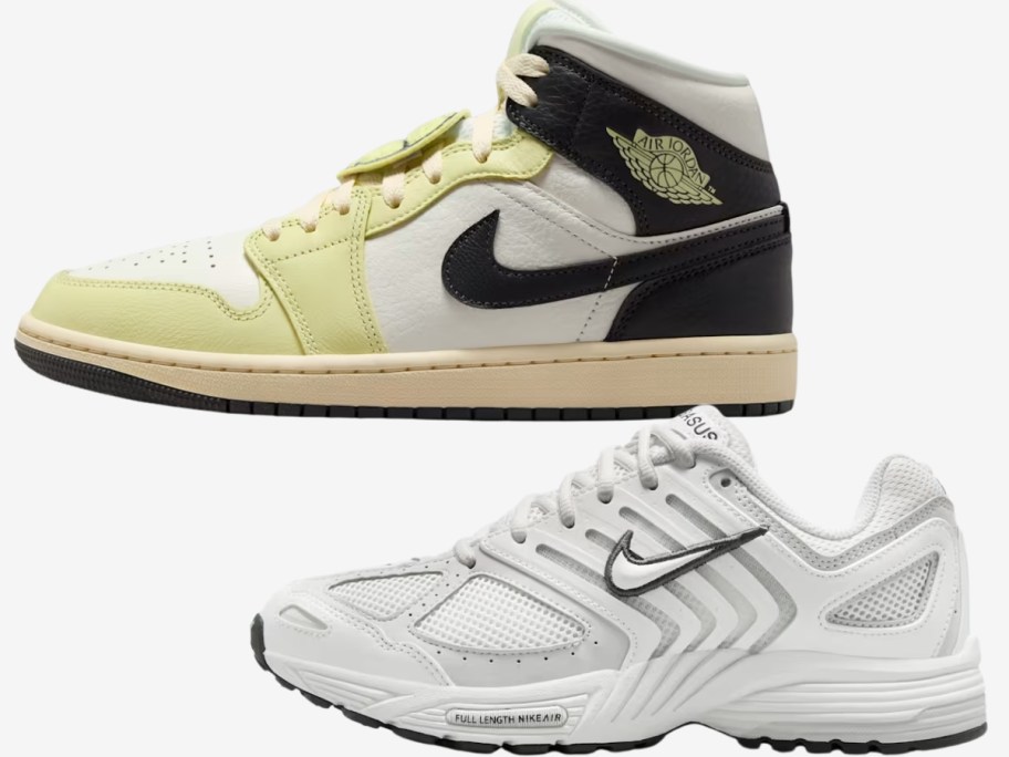 a women's Nike Air Jordan mid shoe and a Nike Pegasus running shoe