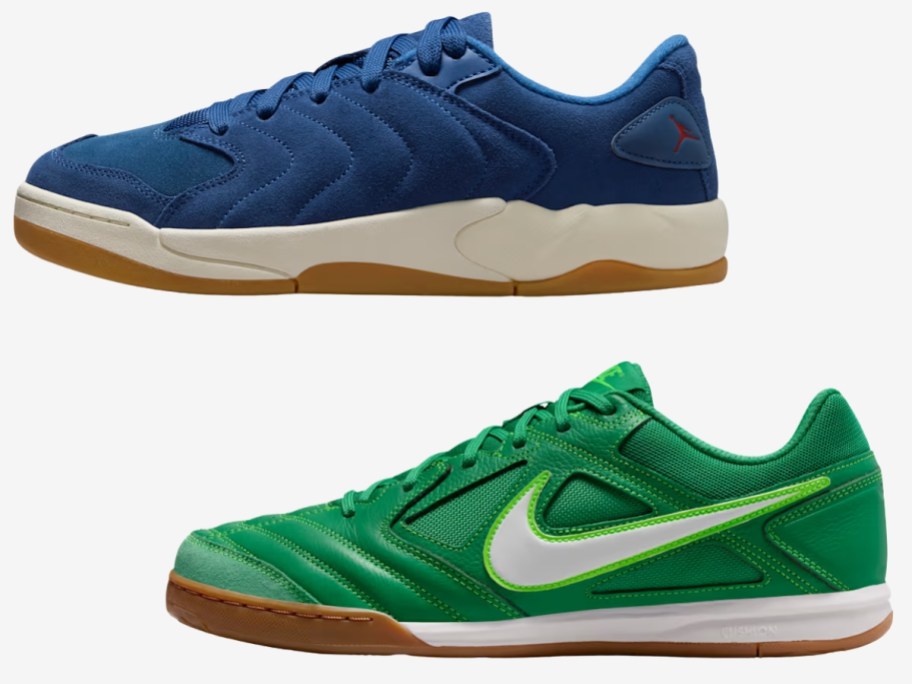 a men's blue Nike Jordan shoe, and green and white Nike Gato shoe